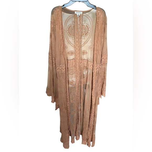 Festi Maxi Lace Kimono Tan 1X - Picture 2 of 12